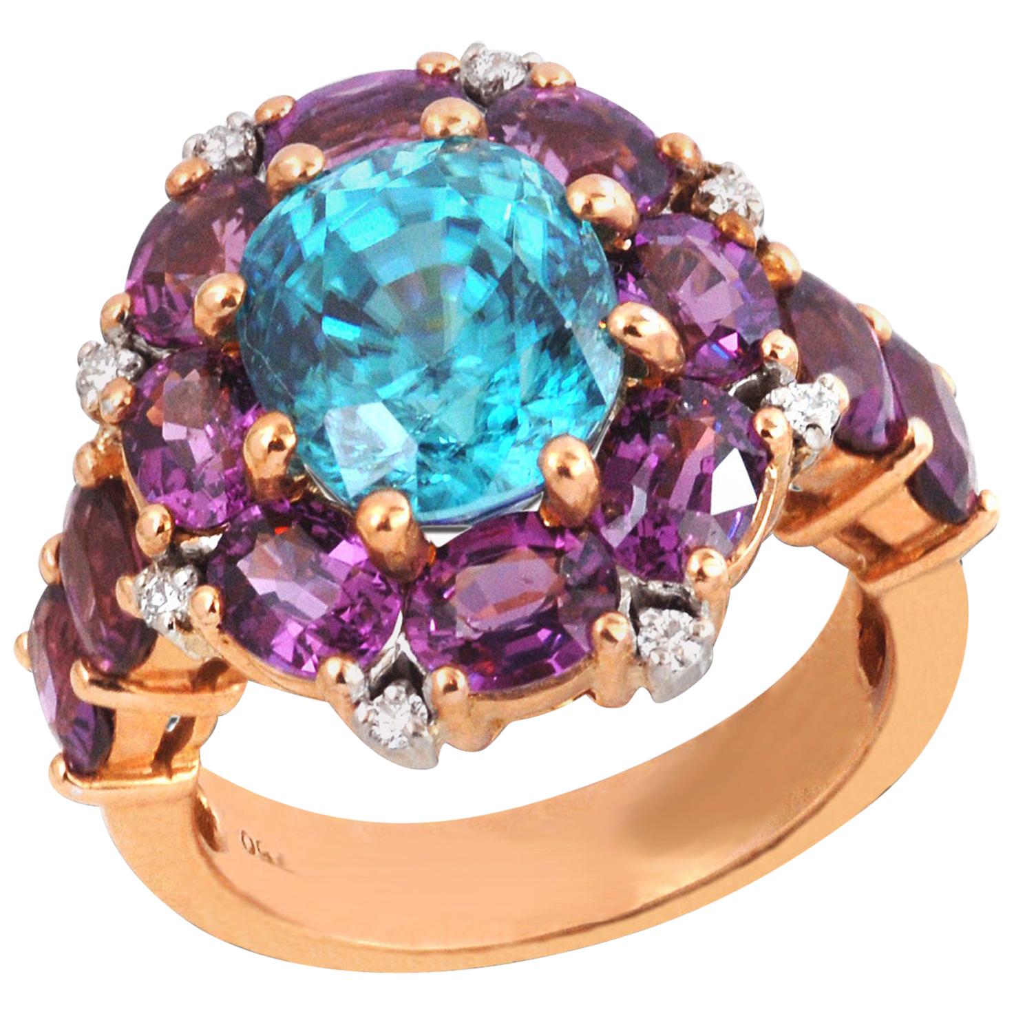 Blue Zircon, Garnet with Diamond Ring Set in 18 Karat Rose Gold Settings For Sale