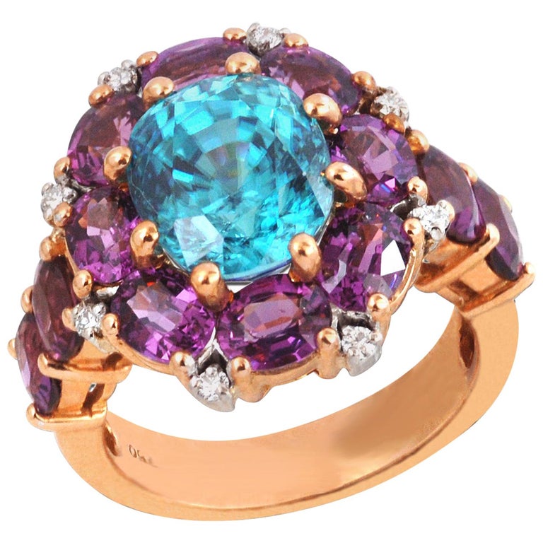 Blue Zircon, Garnet with Diamond Ring Set in 18 Karat Rose Gold ...