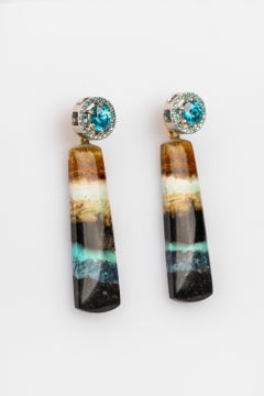 Blue Zircon Halo Studs with Opal and Petrified Wood Jackets