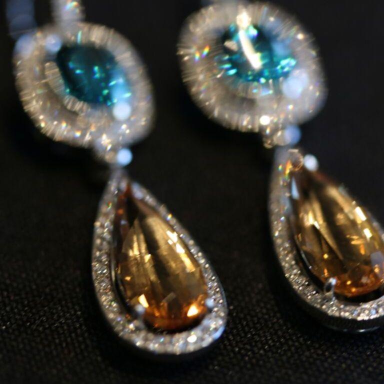 Blue Zircon, Imperial Topaz and White Diamond Empress Drop Earrings In New Condition In London, GB