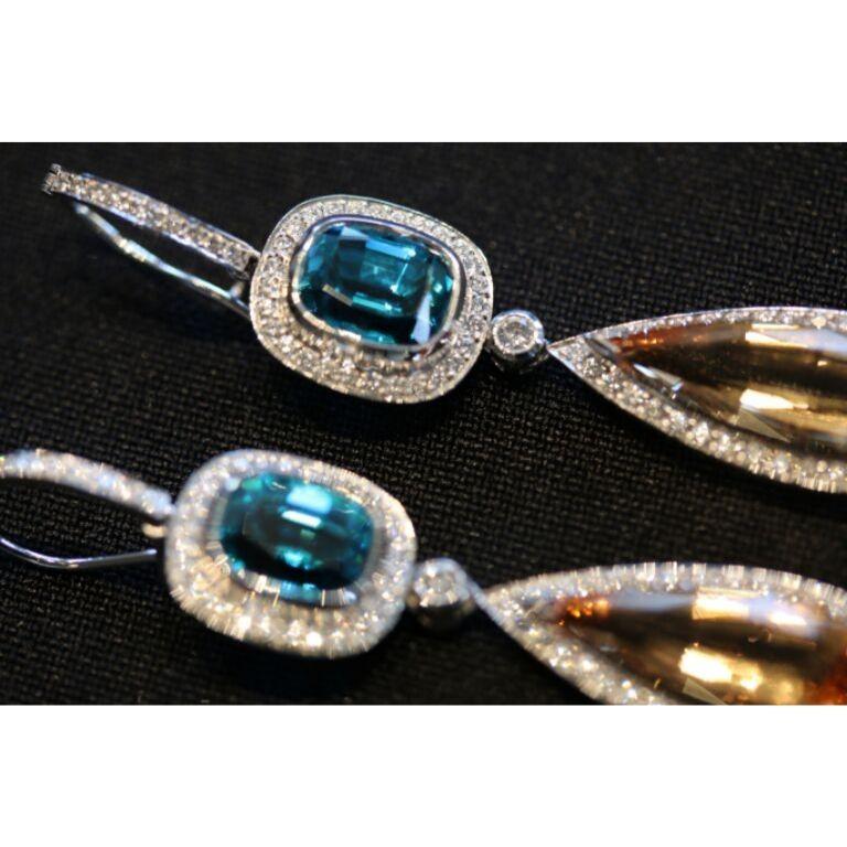 Women's Blue Zircon, Imperial Topaz and White Diamond Empress Drop Earrings