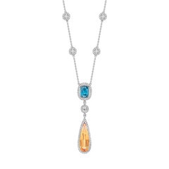 Blue Zircon, Imperial Topaz and White Diamond Empress Drop Necklace