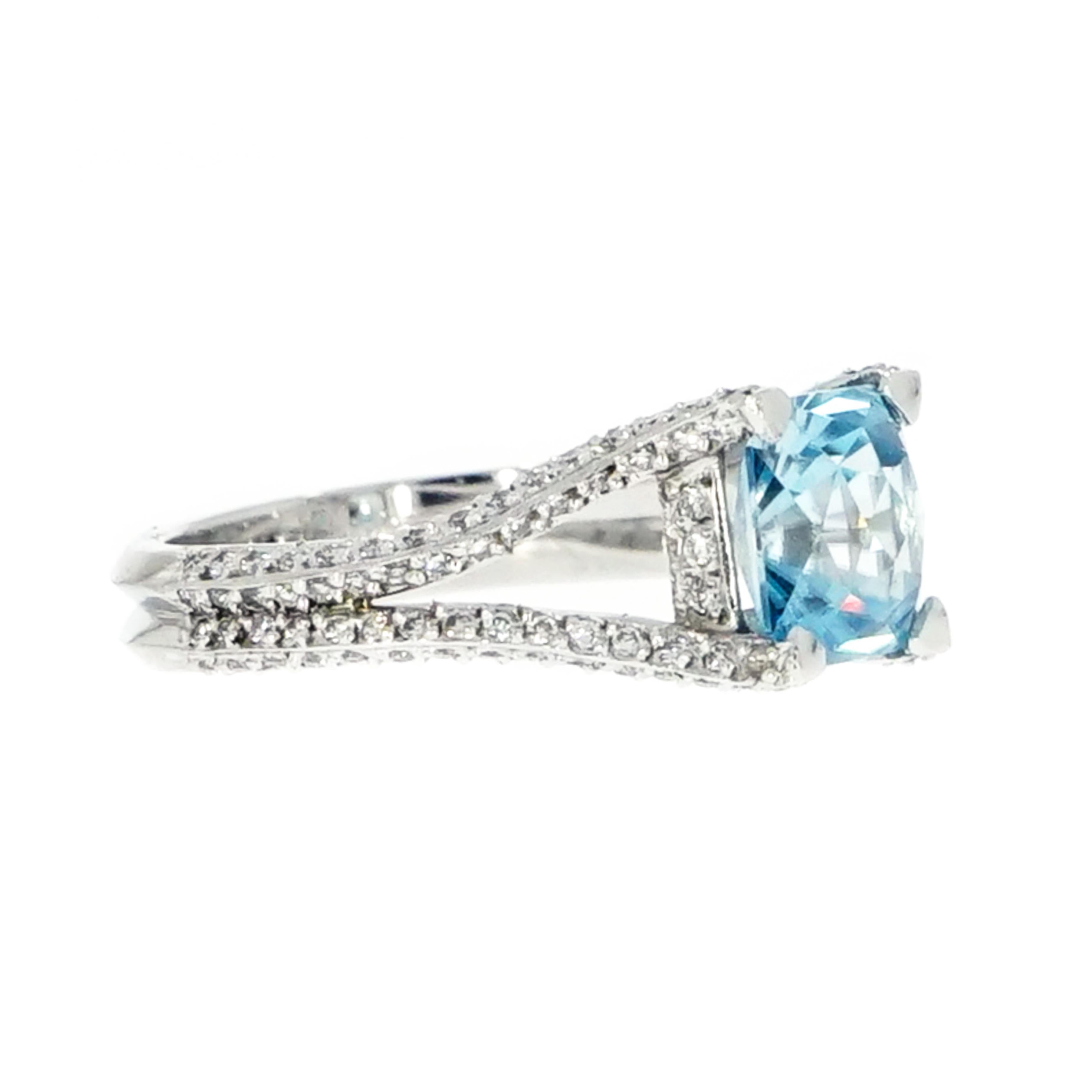 Experience the uniqueness of this Blue Zircon Ring. 
Blue zircon has some unique properties that make it very popular with gemstone aficionados. Not only does have outstanding brilliance but it also has very strong dispersion or fire. Traditionally