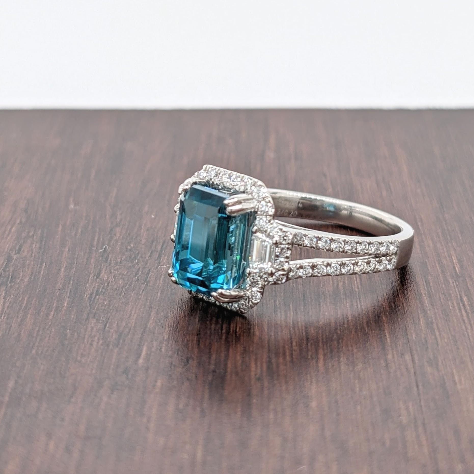 Modern Blue Zircon Ring w Natural Diamonds in 14K White Gold Emerald Cut 9x7mm
