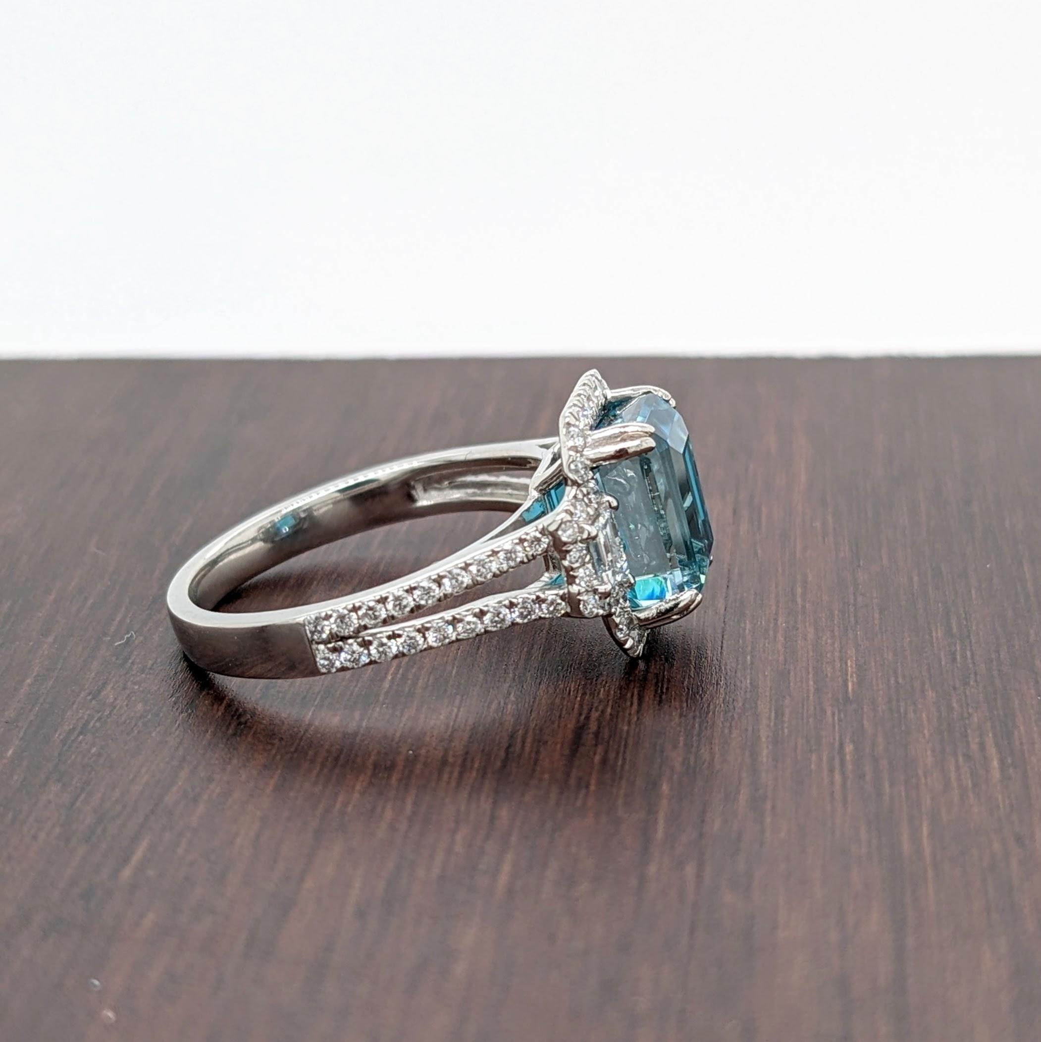 Blue Zircon Ring w Natural Diamonds in 14K White Gold Emerald Cut 9x7mm In New Condition In Columbus, OH