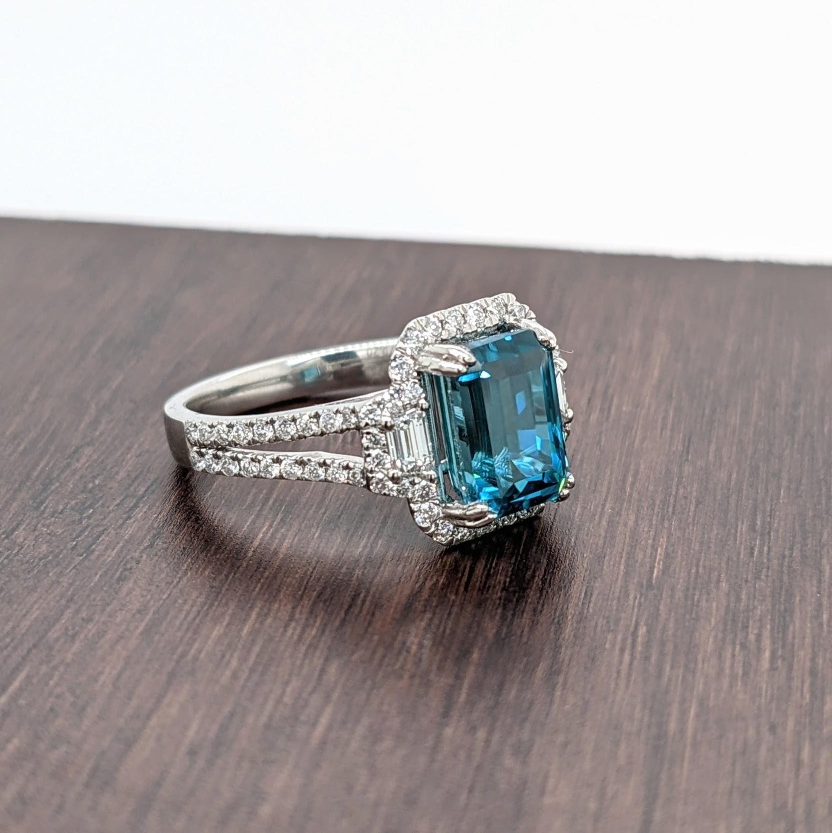 Women's Blue Zircon Ring w Natural Diamonds in 14K White Gold Emerald Cut 9x7mm