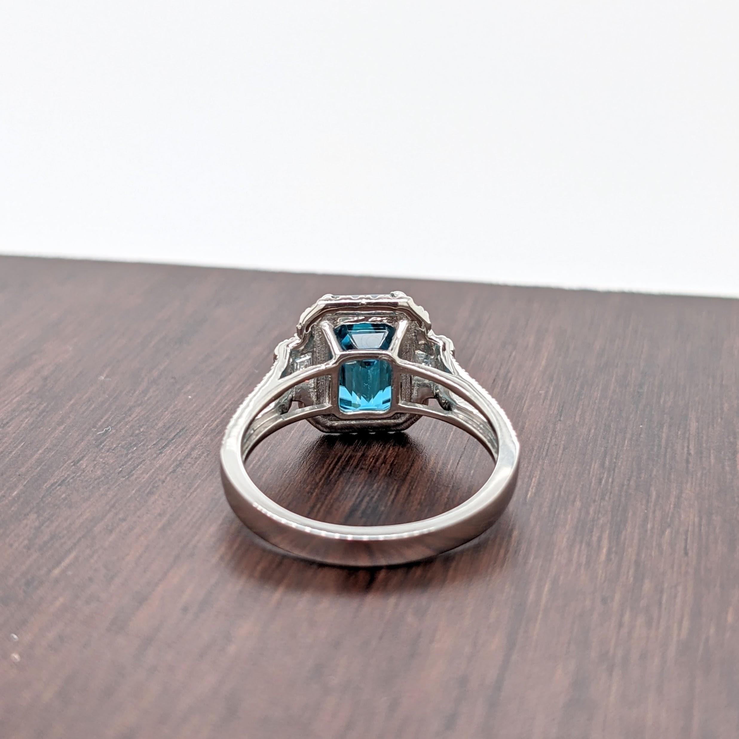 Blue Zircon Ring w Natural Diamonds in 14K White Gold Emerald Cut 9x7mm 1