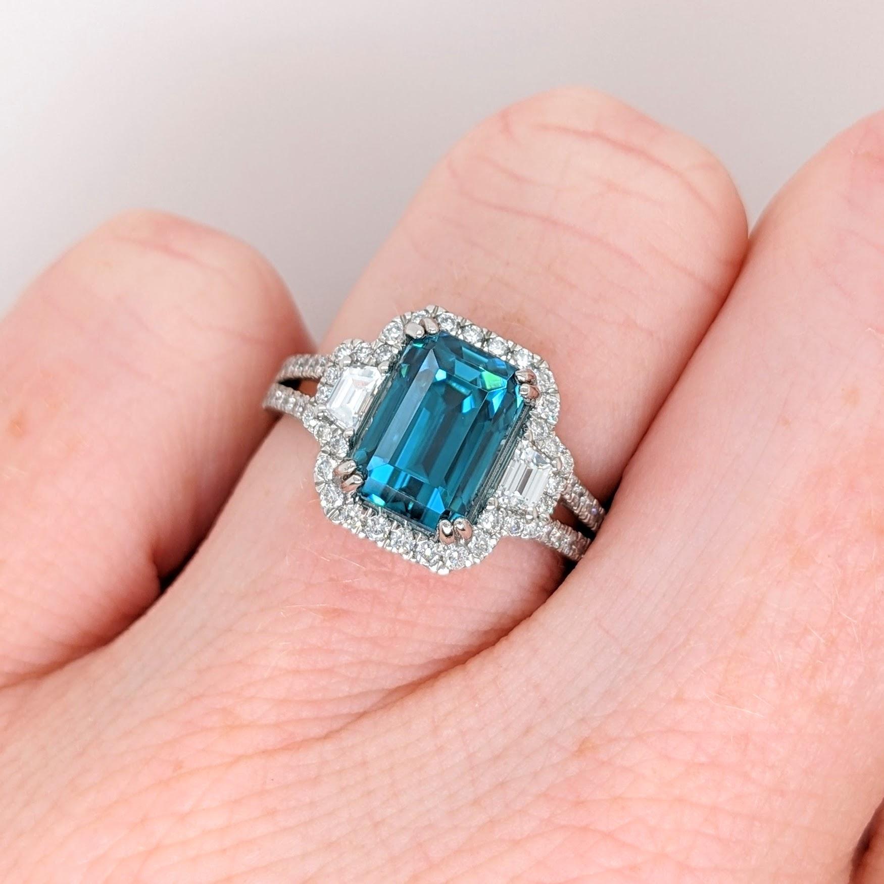 Blue Zircon Ring w Natural Diamonds in 14K White Gold Emerald Cut 9x7mm 2