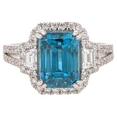 Blue Zircon Ring w Natural Diamonds in 14K White Gold Emerald Cut 9x7mm
