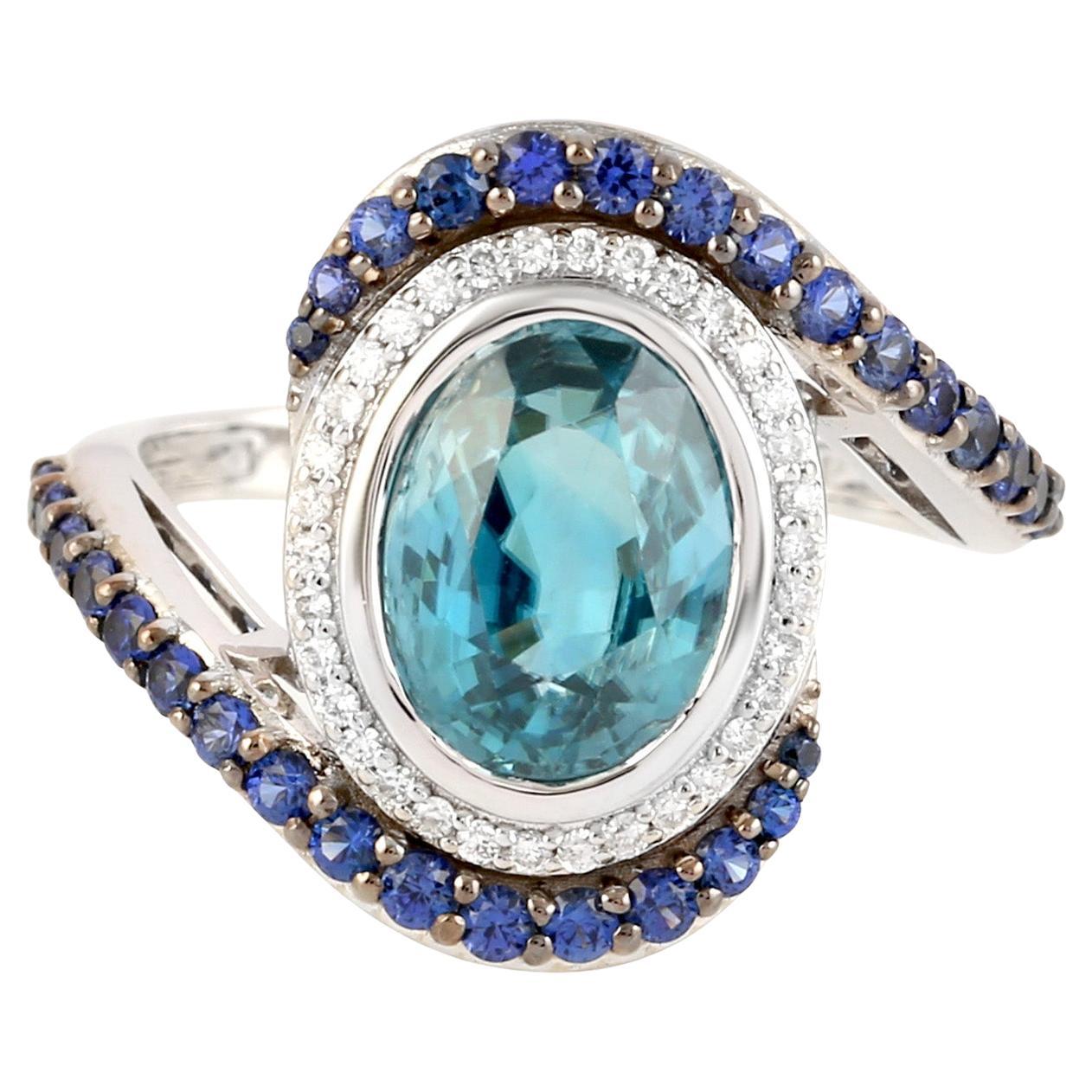 Blue Zircon Ring With Sapphires and Diamonds 4.65 Carats 18K White Gold For Sale