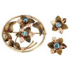 Blue Zircon Rose Green Gold Engraved Brooch Earring Set