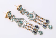 Blue Zircon, Sapphire, Diamond and Yellow Gold Chandelier Earrings