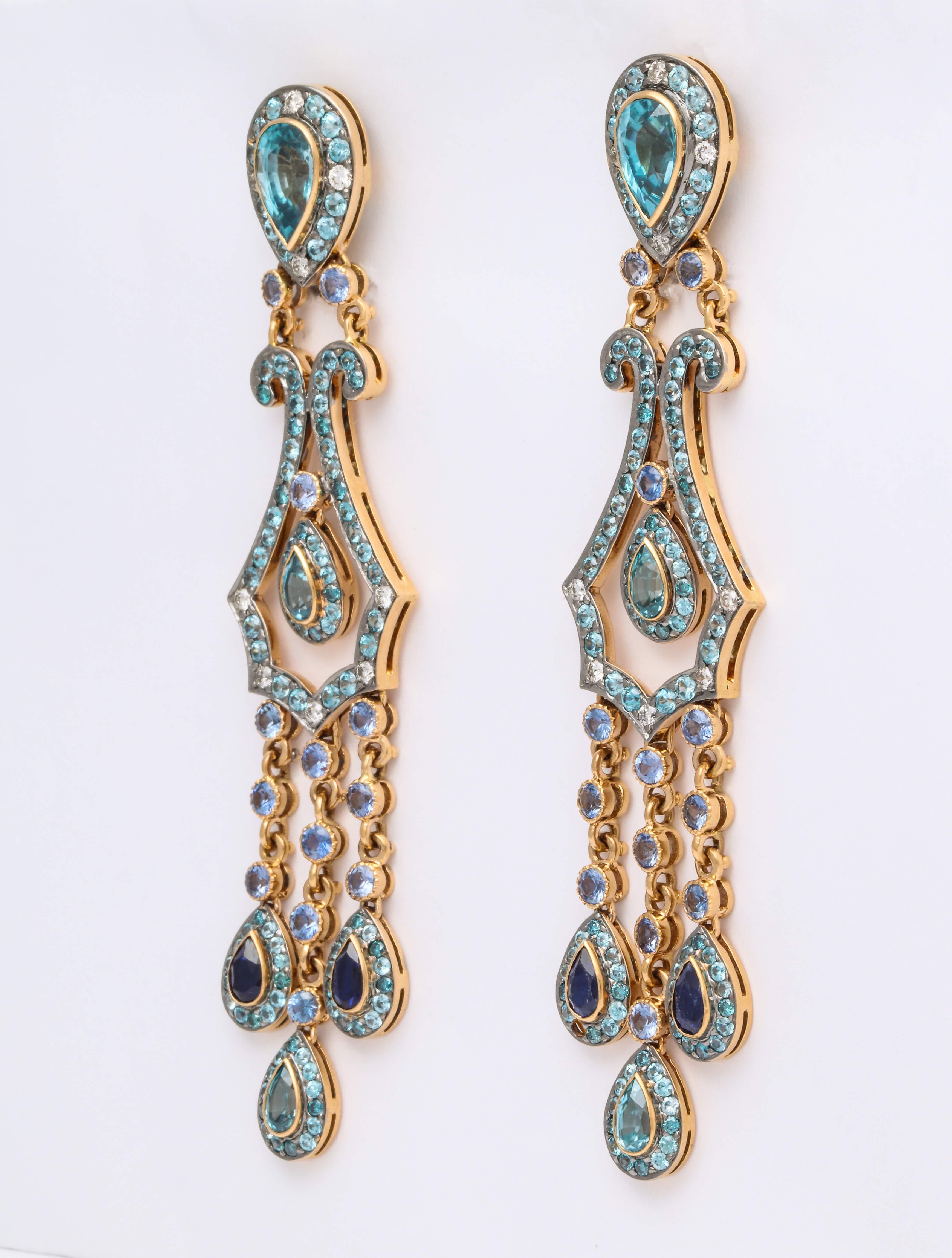 Contemporary Blue Zircon, Sapphire, Diamond and Yellow Gold Chandelier Earrings For Sale