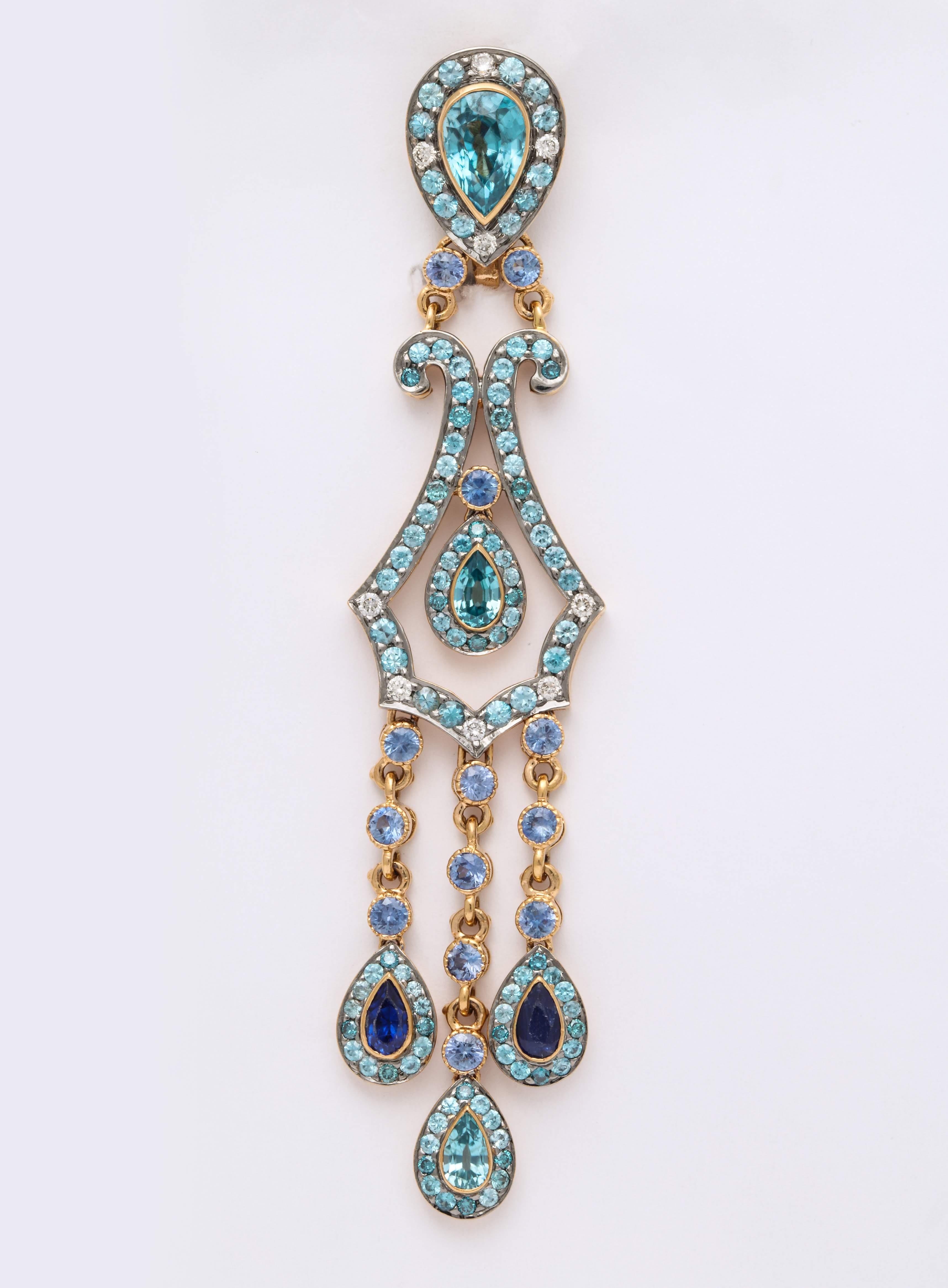 Pear Cut Blue Zircon, Sapphire, Diamond and Yellow Gold Chandelier Earrings For Sale