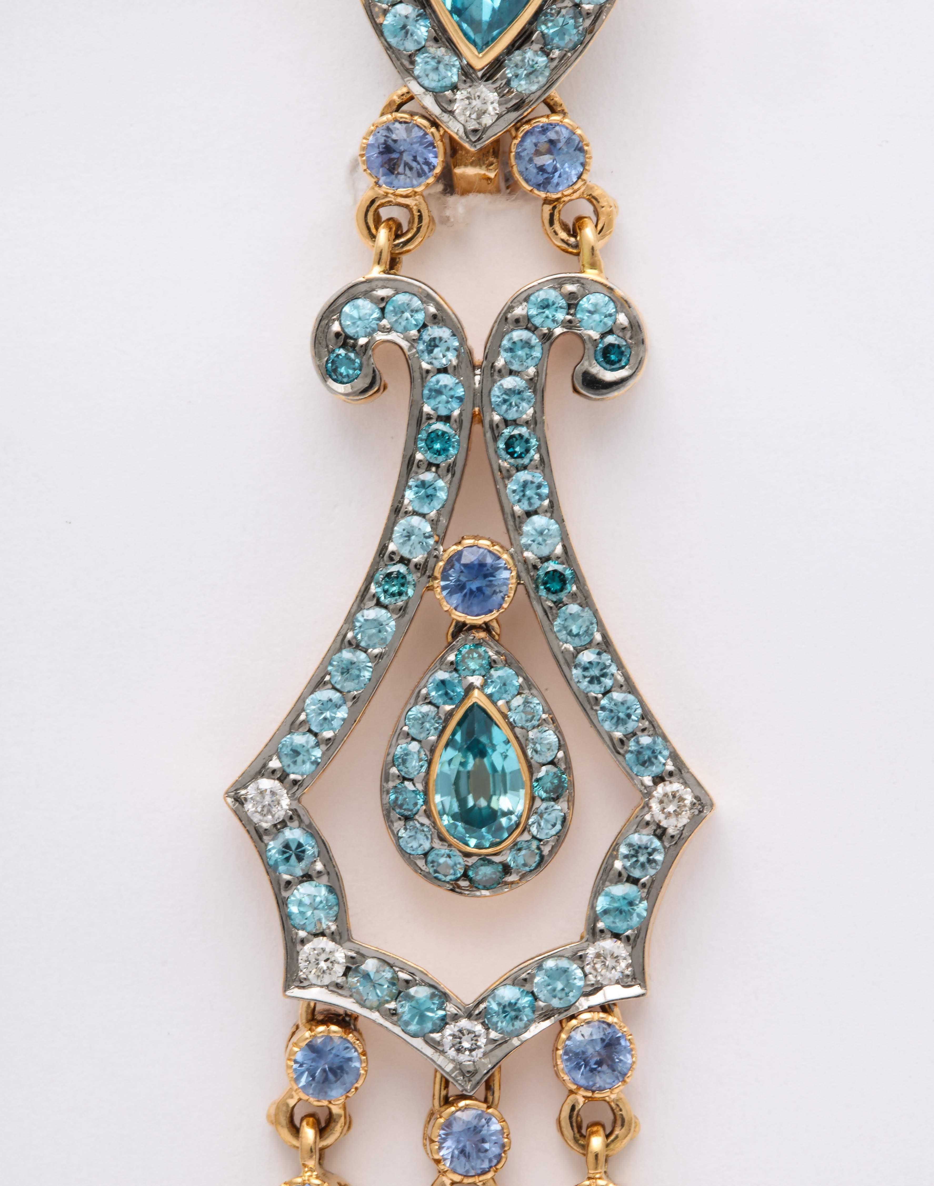 Blue Zircon, Sapphire, Diamond and Yellow Gold Chandelier Earrings In New Condition For Sale In New York, NY