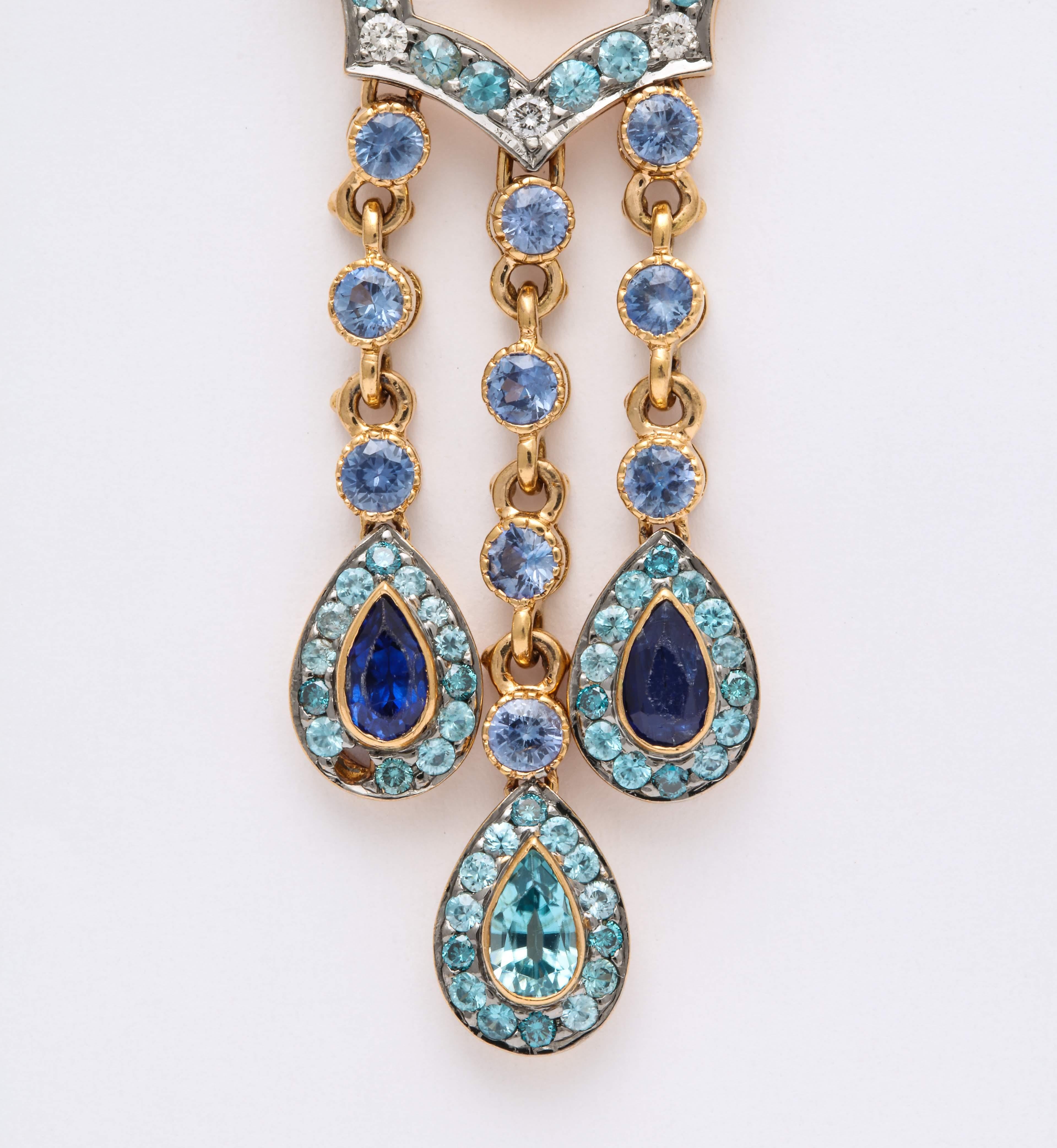Women's Blue Zircon, Sapphire, Diamond and Yellow Gold Chandelier Earrings For Sale