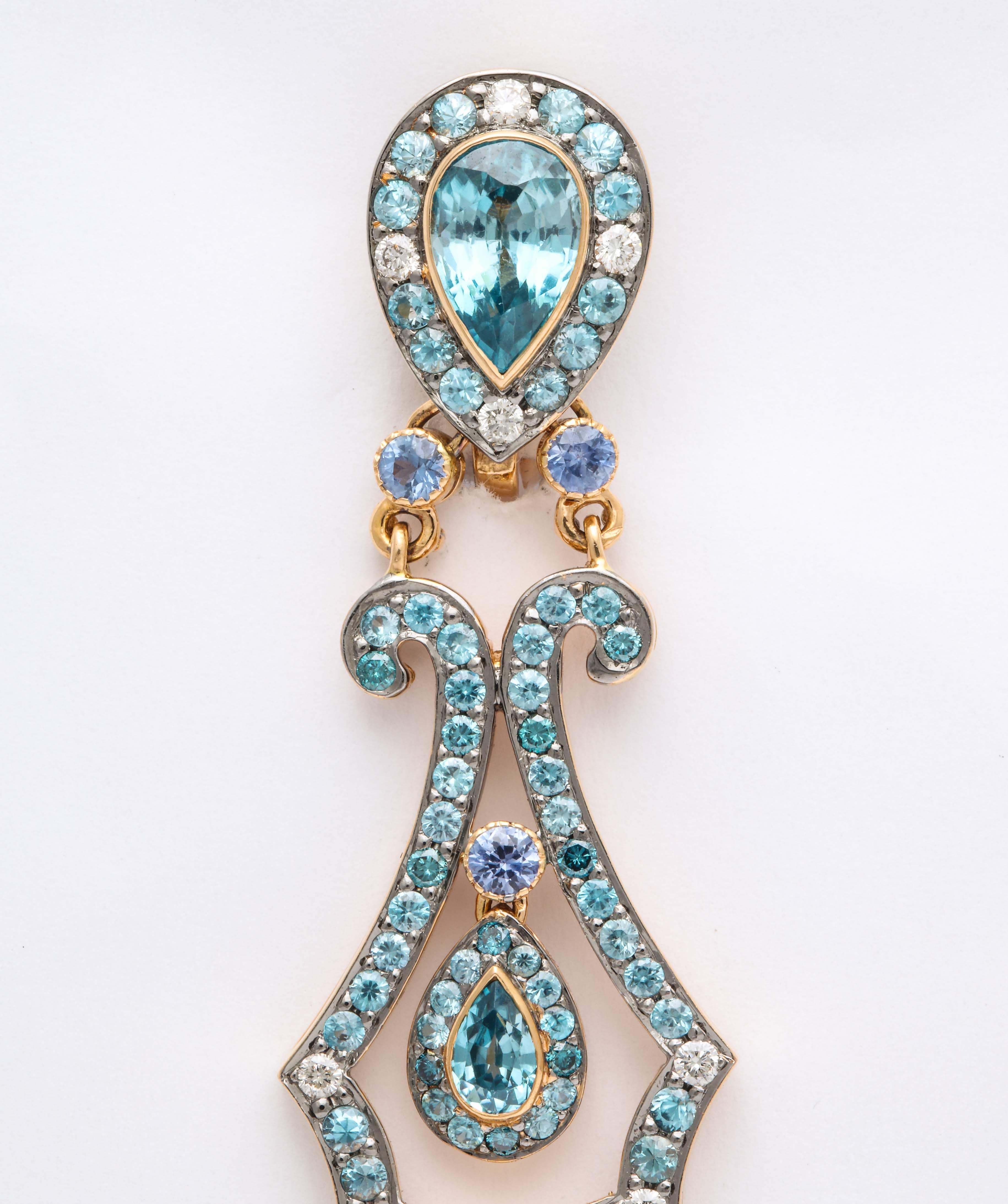 Blue Zircon, Sapphire, Diamond and Yellow Gold Chandelier Earrings For Sale 1