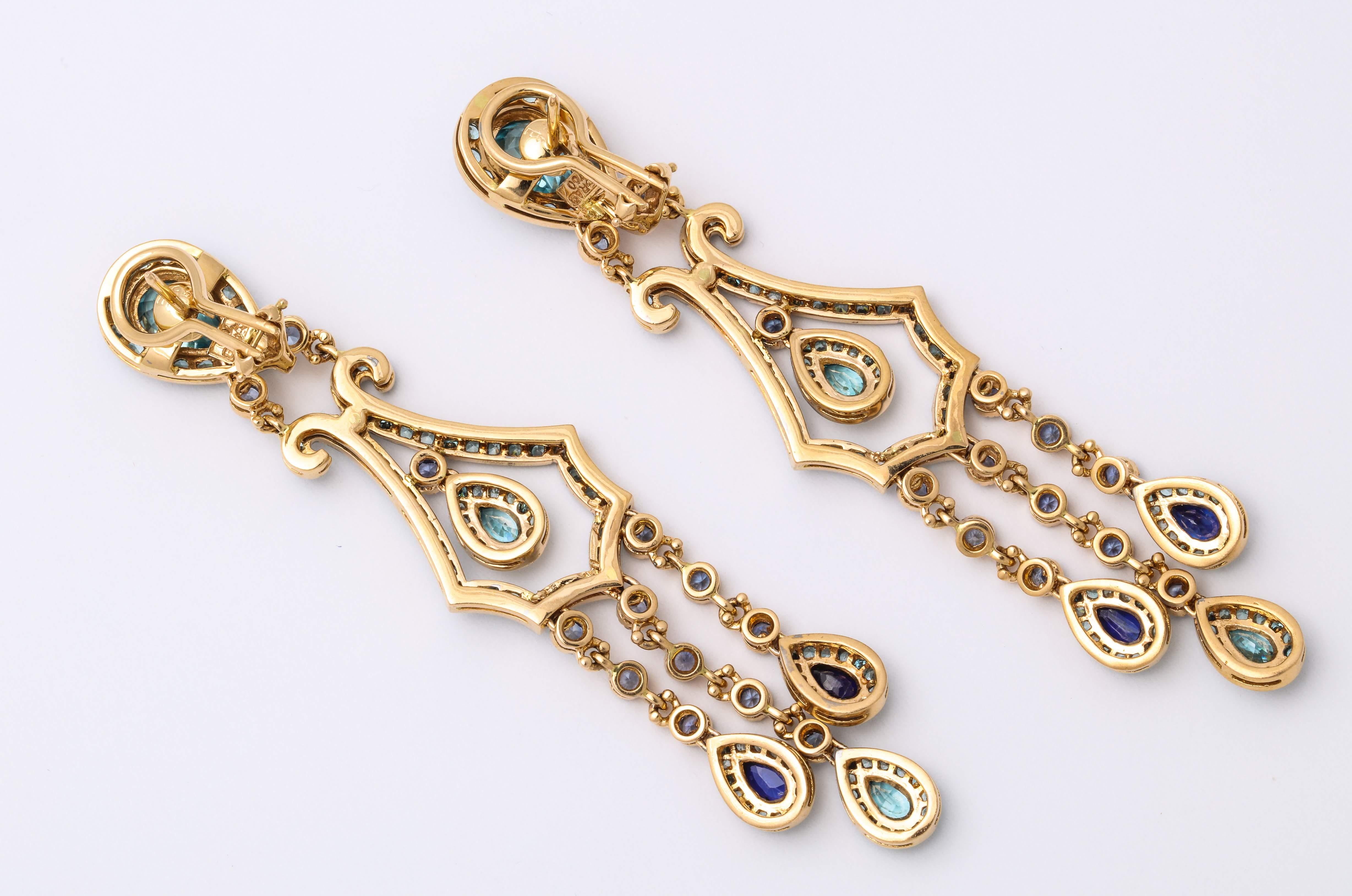 Blue Zircon, Sapphire, Diamond and Yellow Gold Chandelier Earrings For Sale 2