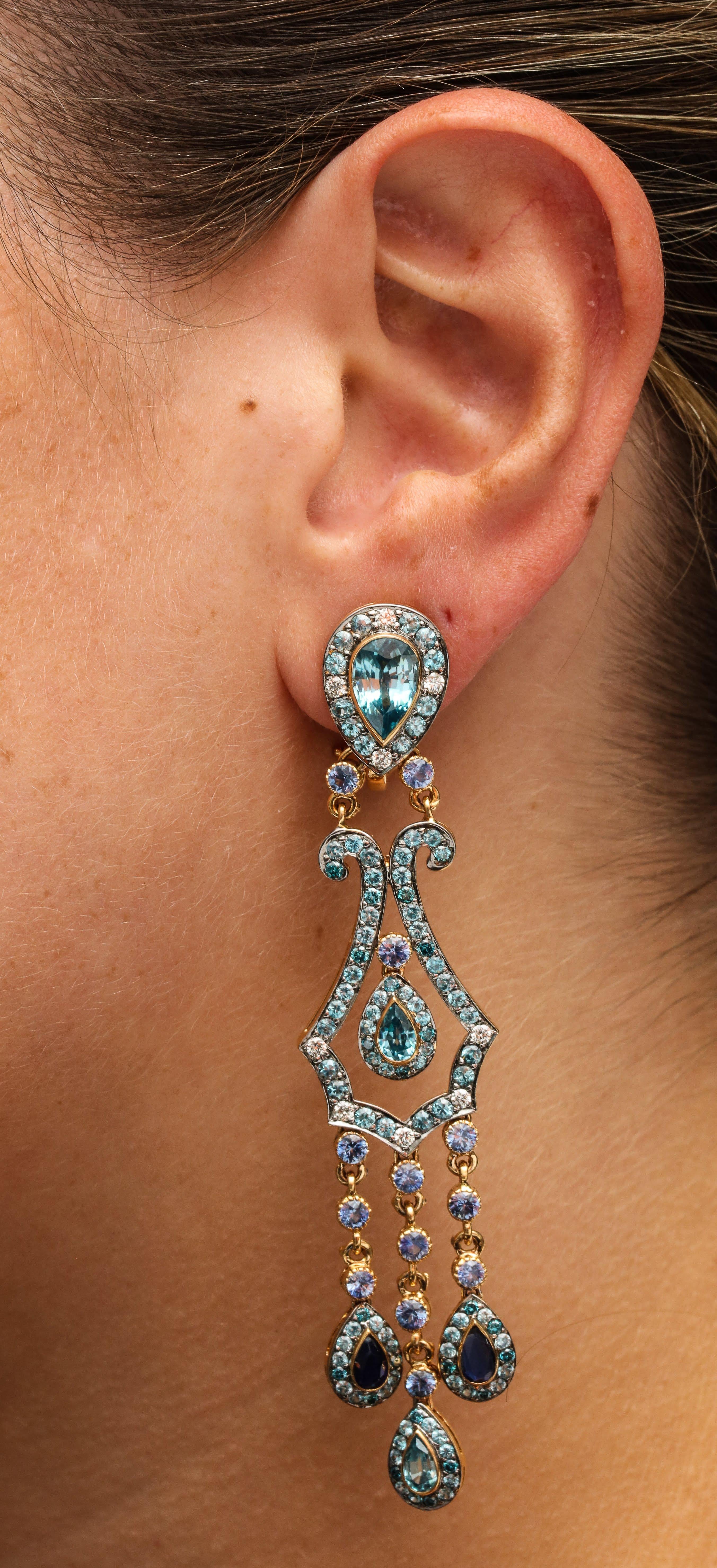 Blue Zircon, Sapphire, Diamond and Yellow Gold Chandelier Earrings For Sale 3