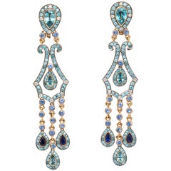 Blue Zircon, Sapphire, Diamond and Yellow Gold Chandelier Earrings