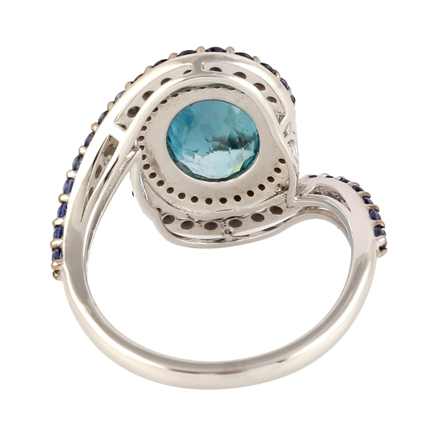 Mixed Cut Blue Zircon & Sapphire Ring With Diamonds Made In 18k Gold For Sale