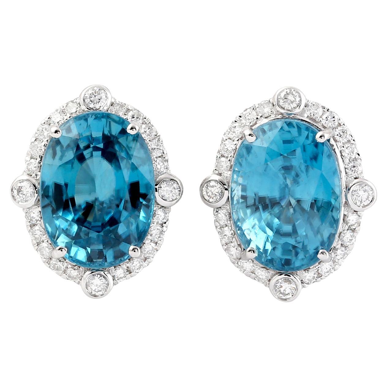 Blue Zircon Stud Earrings With Diamonds 13.18 Carats 18K White Gold