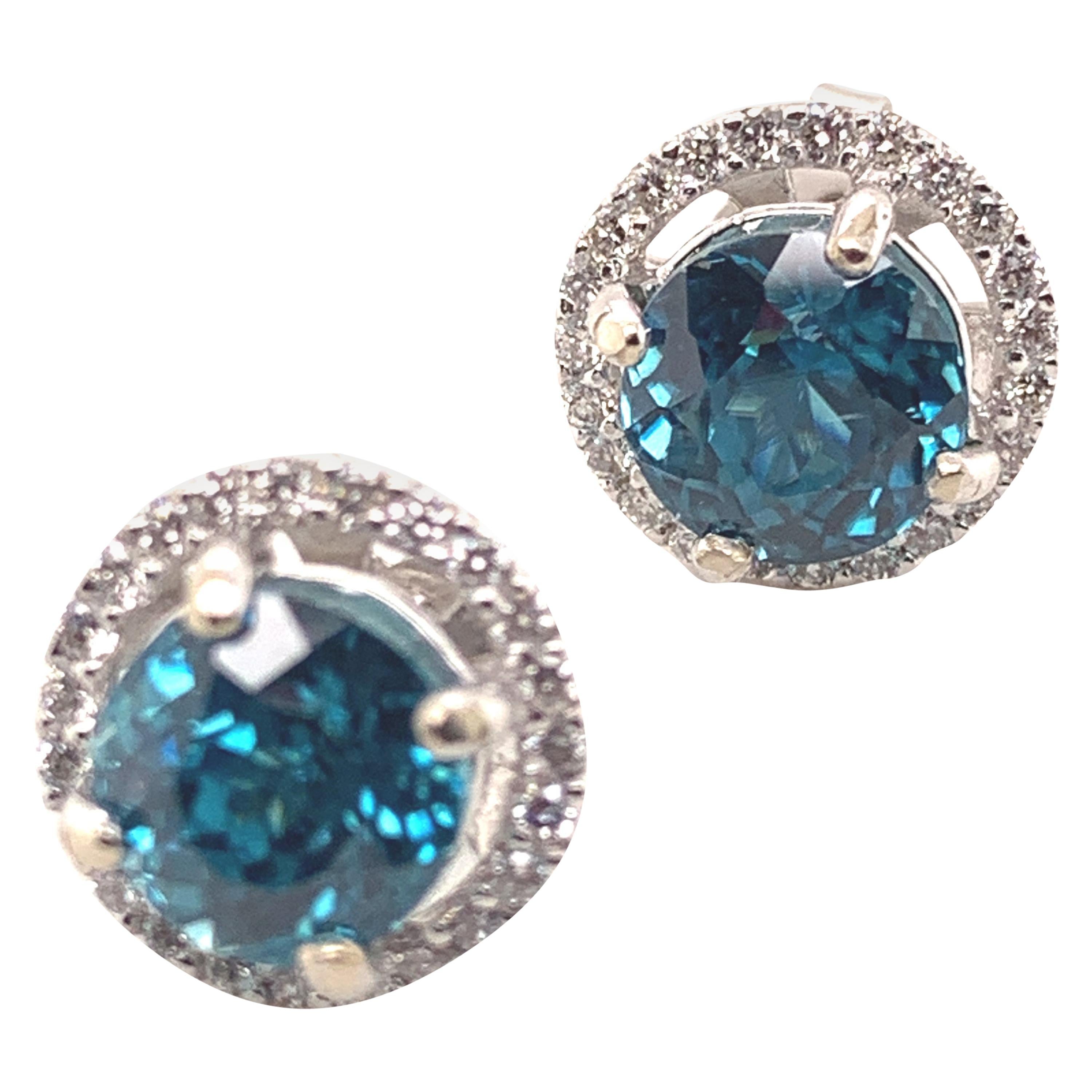 Blue Zircon Studs in 14 Karat White Gold with Diamonds