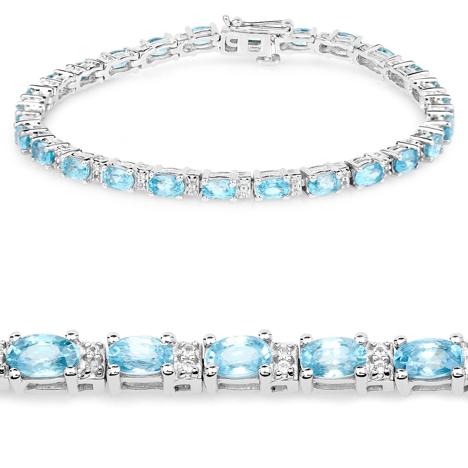 Contemporary Blue Zircon Tennis Bracelet White Topaz 8.8 Carats Sterling Silver For Sale