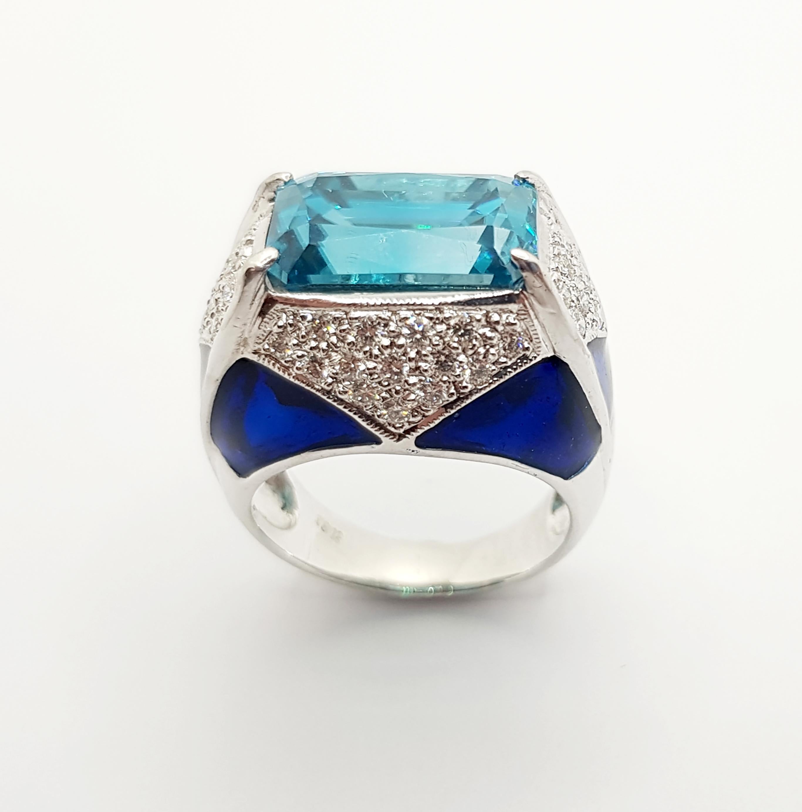 Blue Zircon with Diamond Ring Set in 18 Karat White Gold Settings For Sale 2