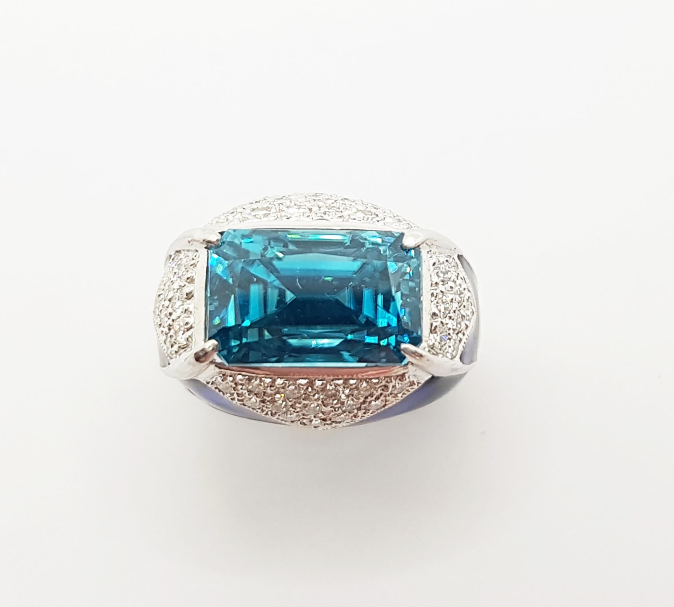 Blue Zircon with Diamond Ring Set in 18 Karat White Gold Settings For Sale 3