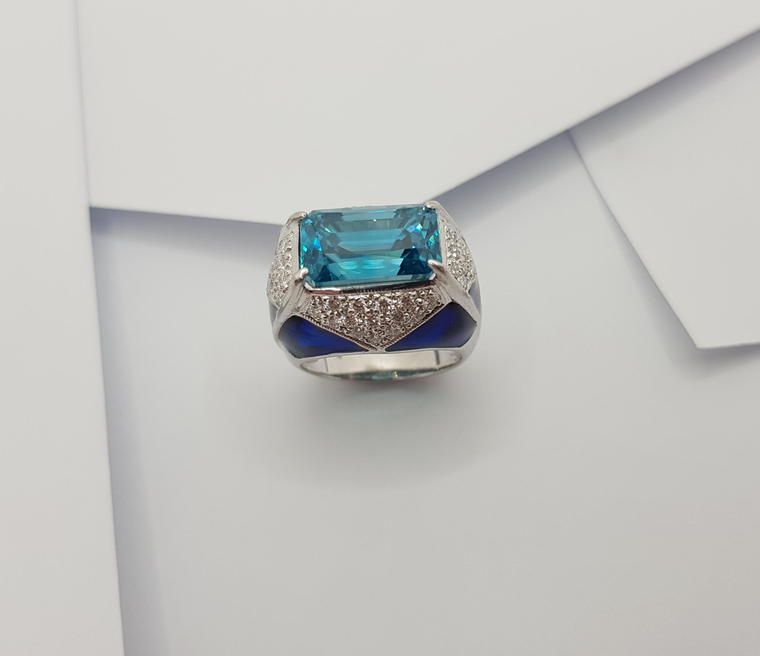 Blue Zircon with Diamond Ring Set in 18 Karat White Gold Settings For Sale 7