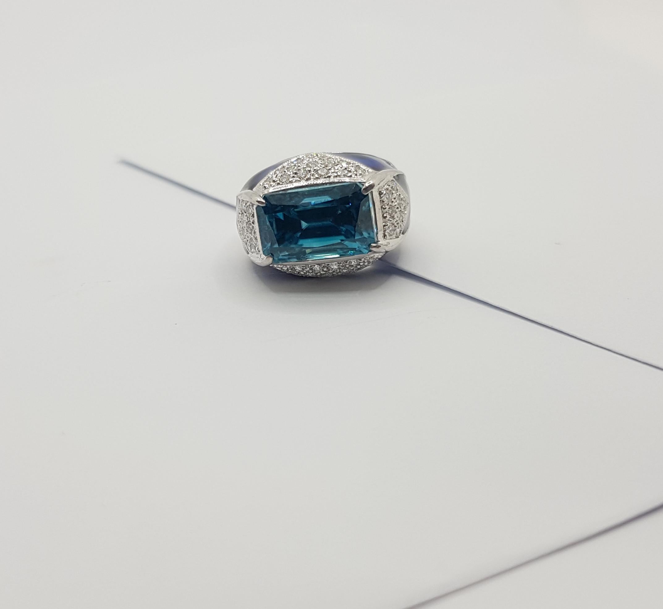 Blue Zircon with Diamond Ring Set in 18 Karat White Gold Settings For Sale 8