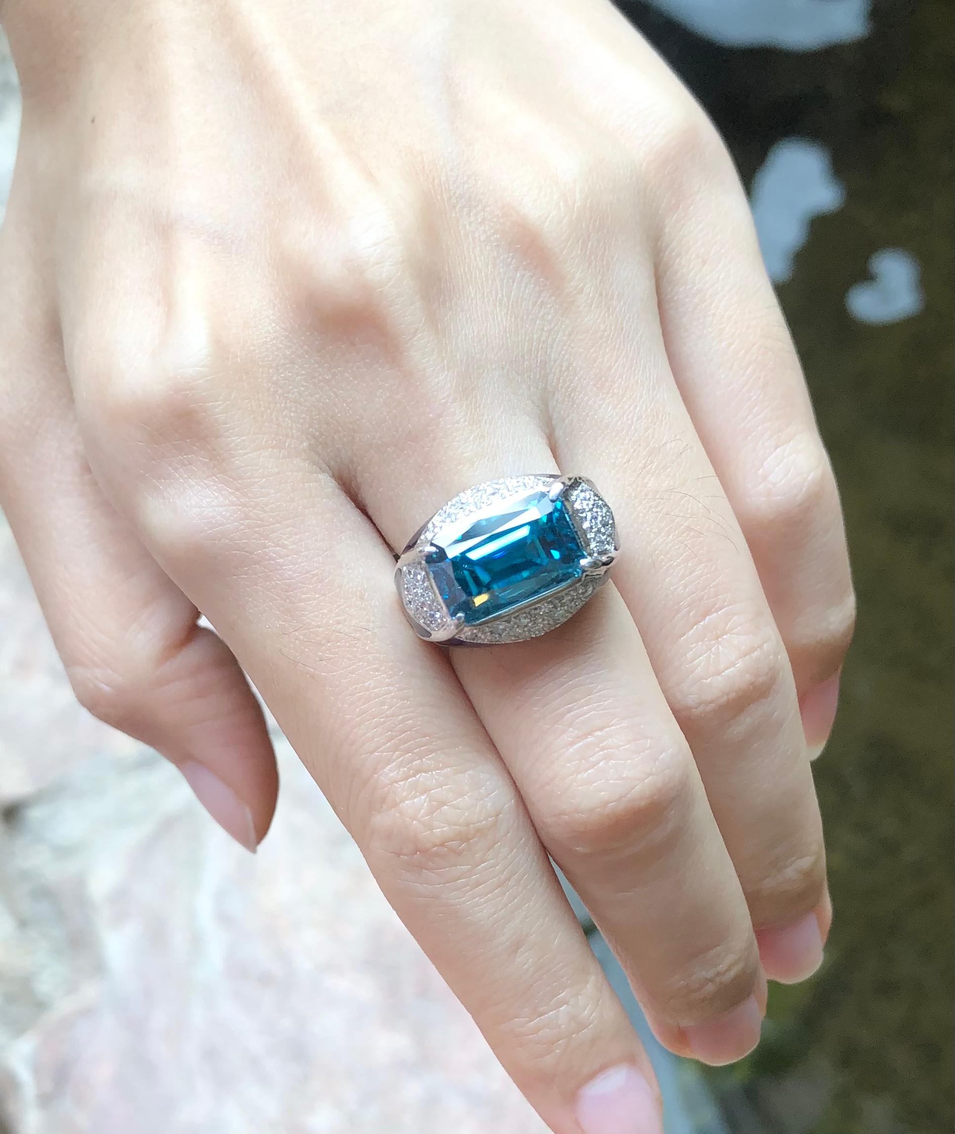 Women's or Men's Blue Zircon with Diamond Ring Set in 18 Karat White Gold Settings For Sale