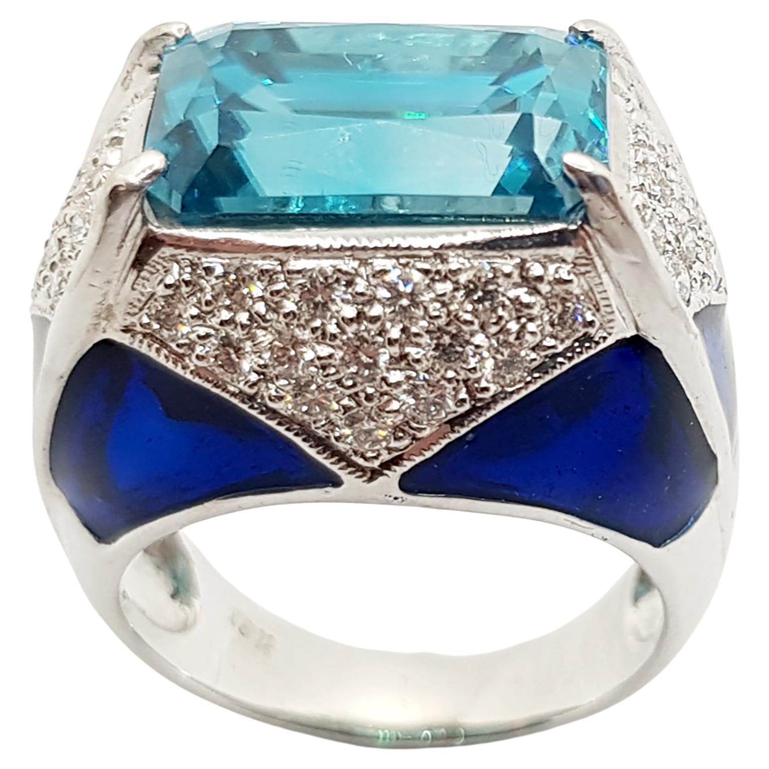 Blue Zircon with Diamond Ring Set in 18 Karat White Gold Settings For Sale