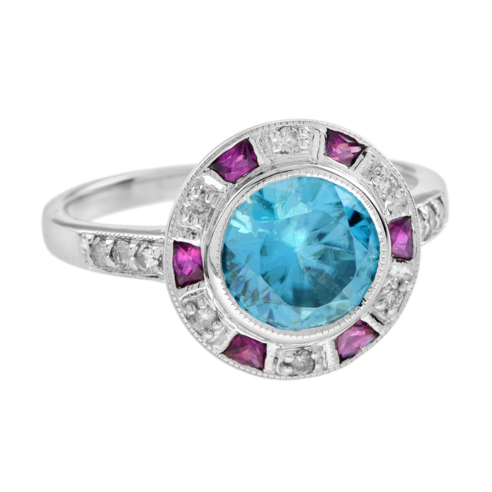 A lovely Art Deco inspired target ring in 14k white gold. The central round shaped icy blue hue blue zircon weights 2.75 carats and is surrounded by pink shade rubies and H color SI clarity diamonds. The shoulders of the ring is further with small