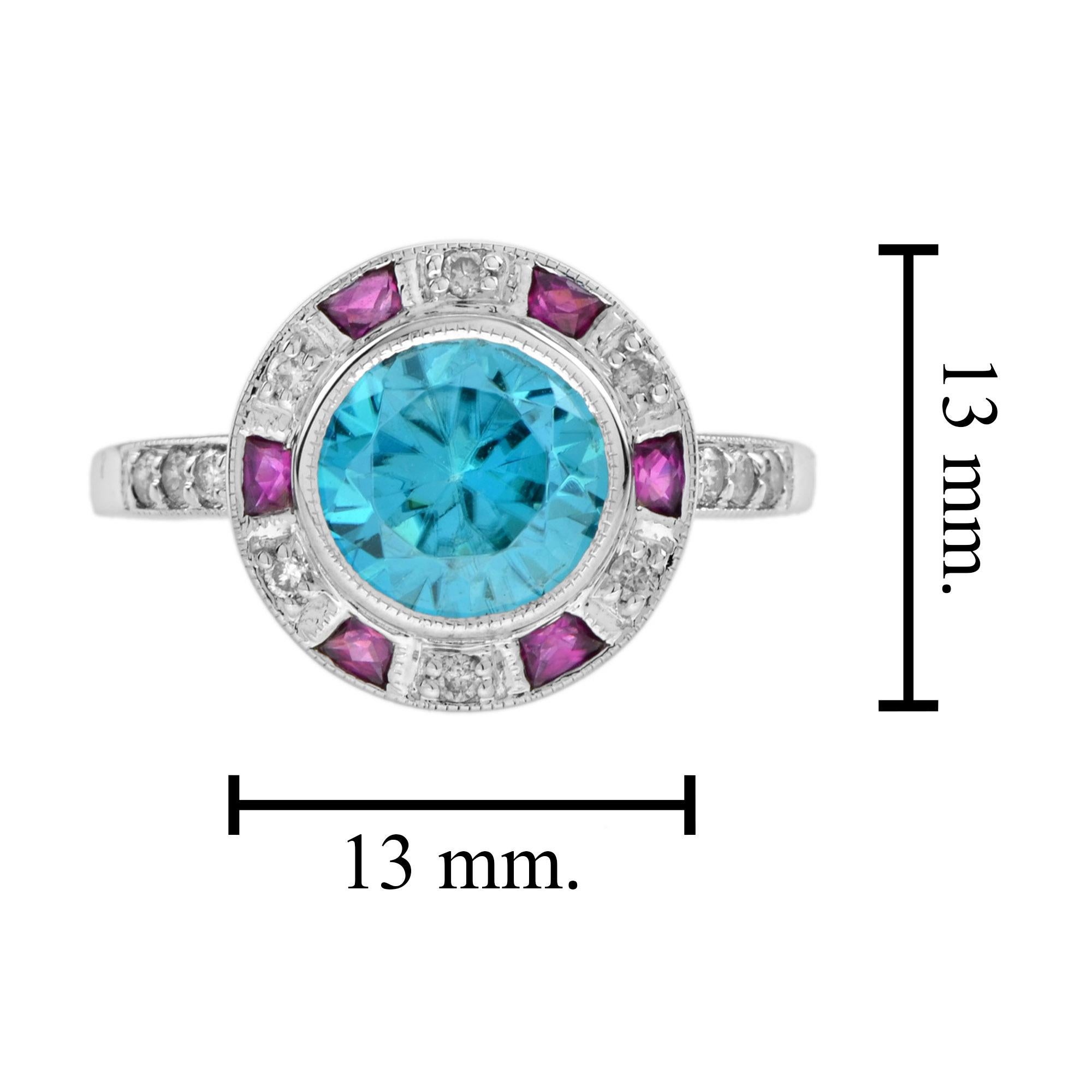 Round Cut Certified Blue Zircon Diamond Ruby Art Deco Style Ring in 14k White Gold  For Sale