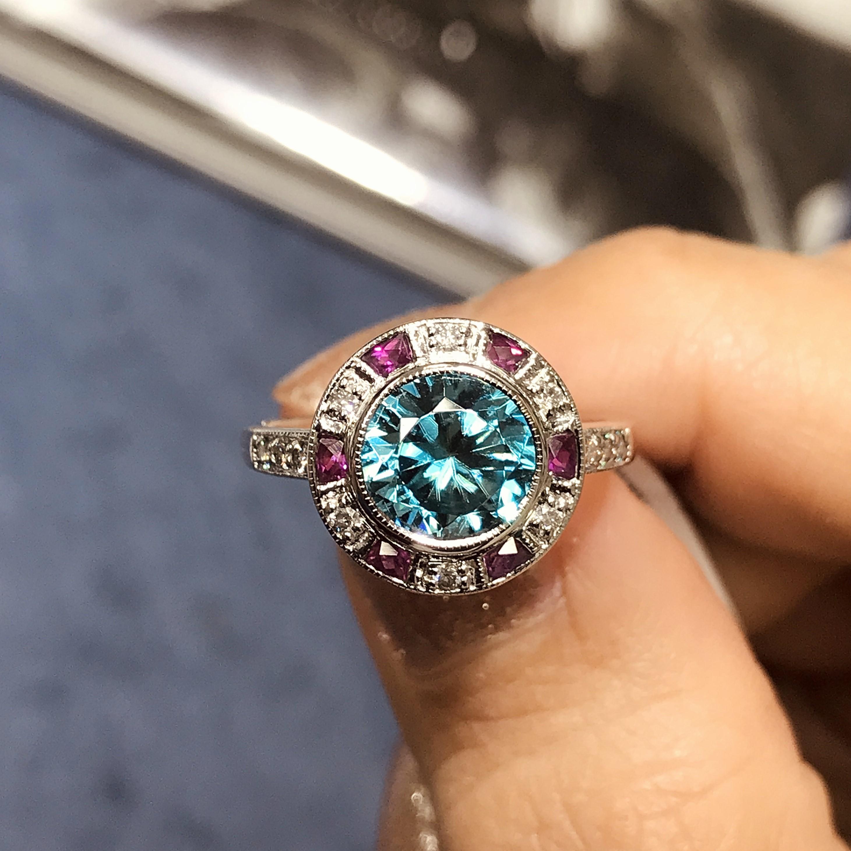 Certified Blue Zircon Diamond Ruby Art Deco Style Ring in 14k White Gold  In New Condition For Sale In Bangkok, TH