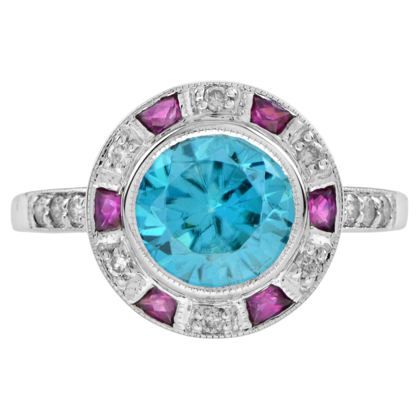 Certified Blue Zircon Diamond Ruby Art Deco Style Ring in 14k White Gold 