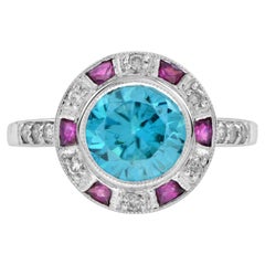 Anello in stile Art Deco con diamante e zircone blu certificato e rubino in oro bianco 14 carati