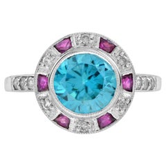 Certified Blue Zircon Diamond Ruby Art Deco Style Ring in 14k White Gold 