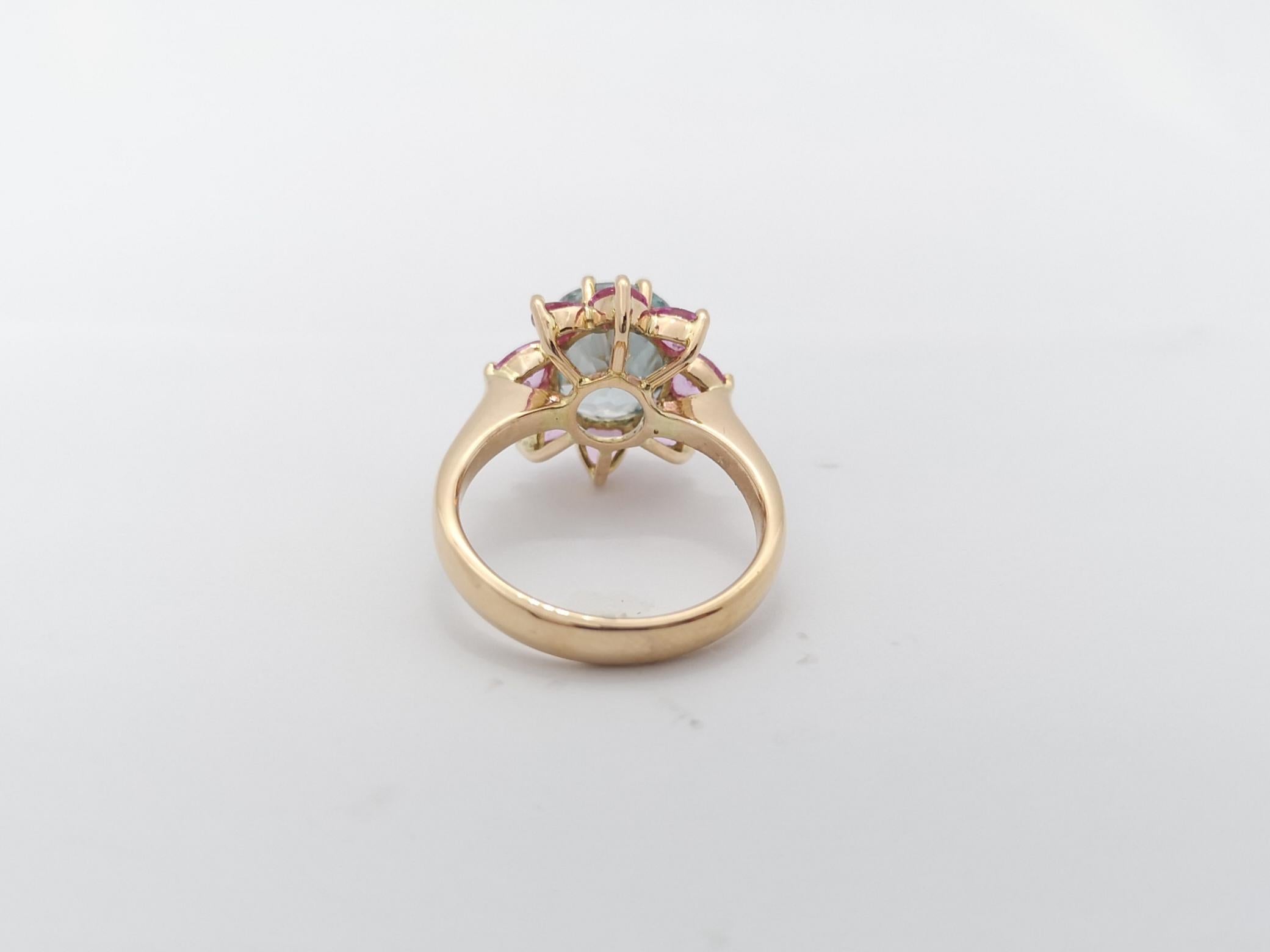 Blue Zircon with Pink Sapphire Ring Set in 18K Rose Gold Settings For Sale 5