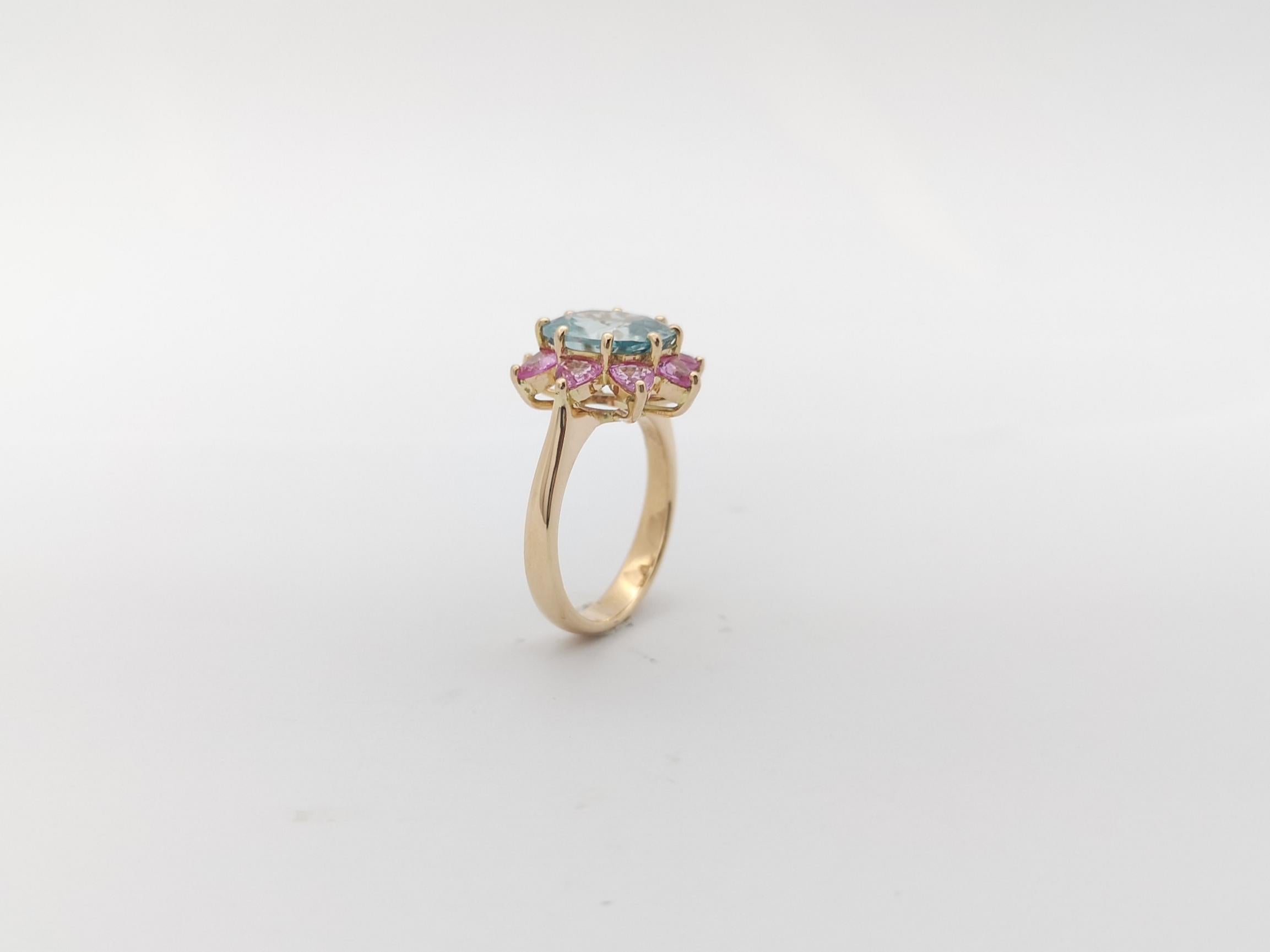 Blue Zircon with Pink Sapphire Ring Set in 18K Rose Gold Settings For Sale 6