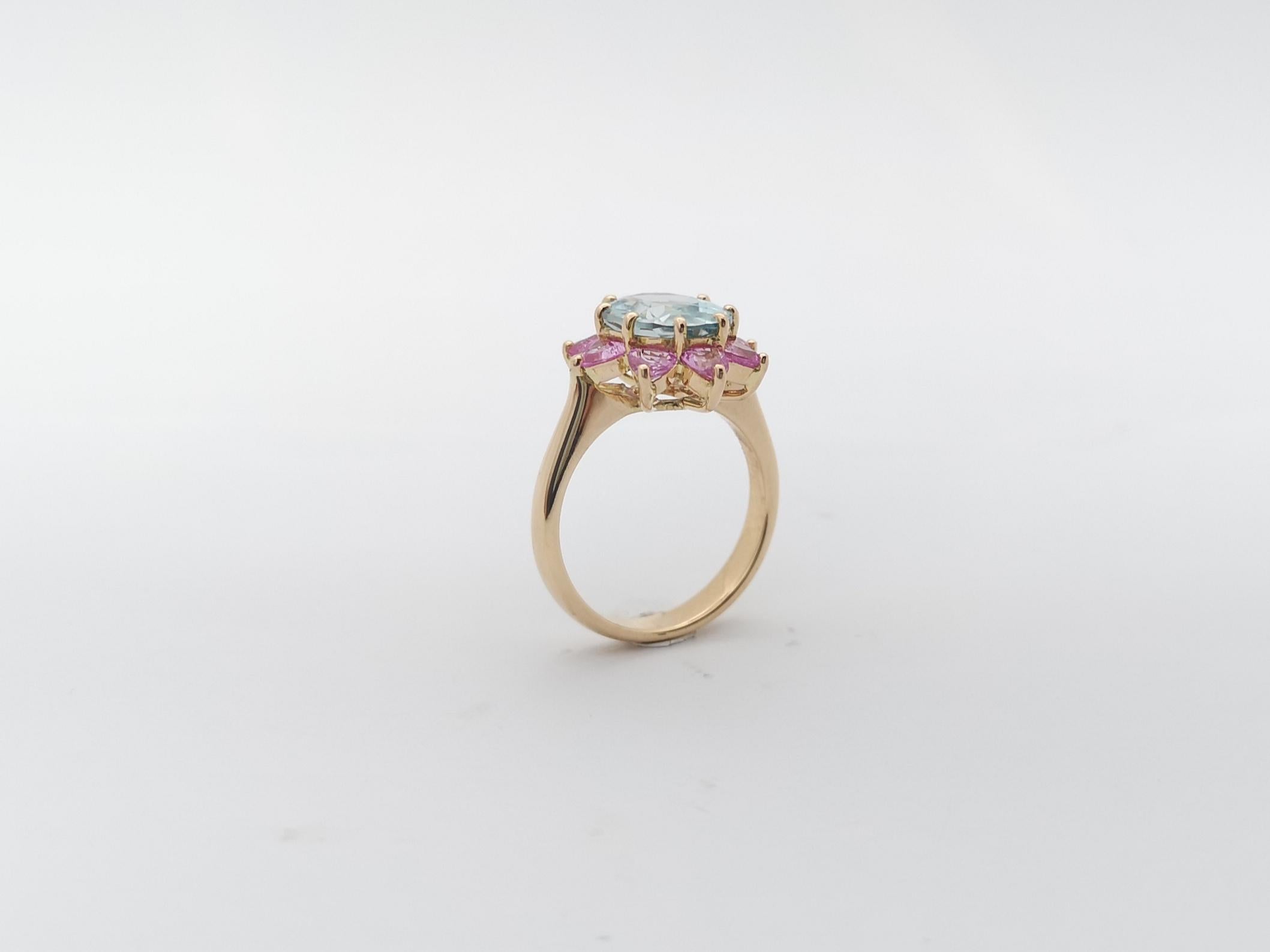 Blue Zircon with Pink Sapphire Ring Set in 18K Rose Gold Settings For Sale 7
