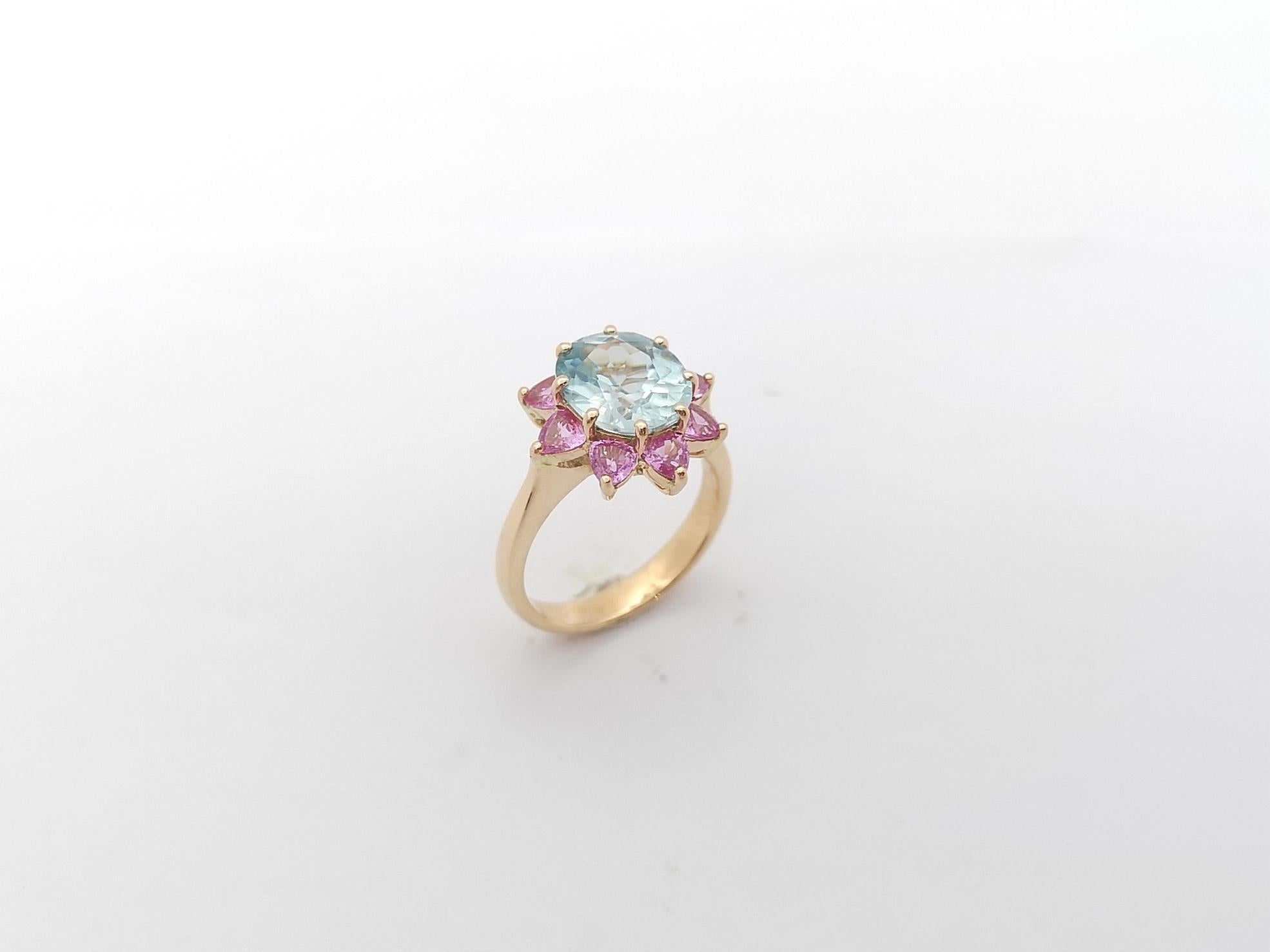 Blue Zircon with Pink Sapphire Ring Set in 18K Rose Gold Settings For Sale 8