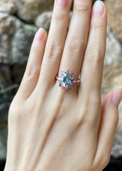Blue Zircon with Pink Sapphire Ring Set in 18K Rose Gold Settings