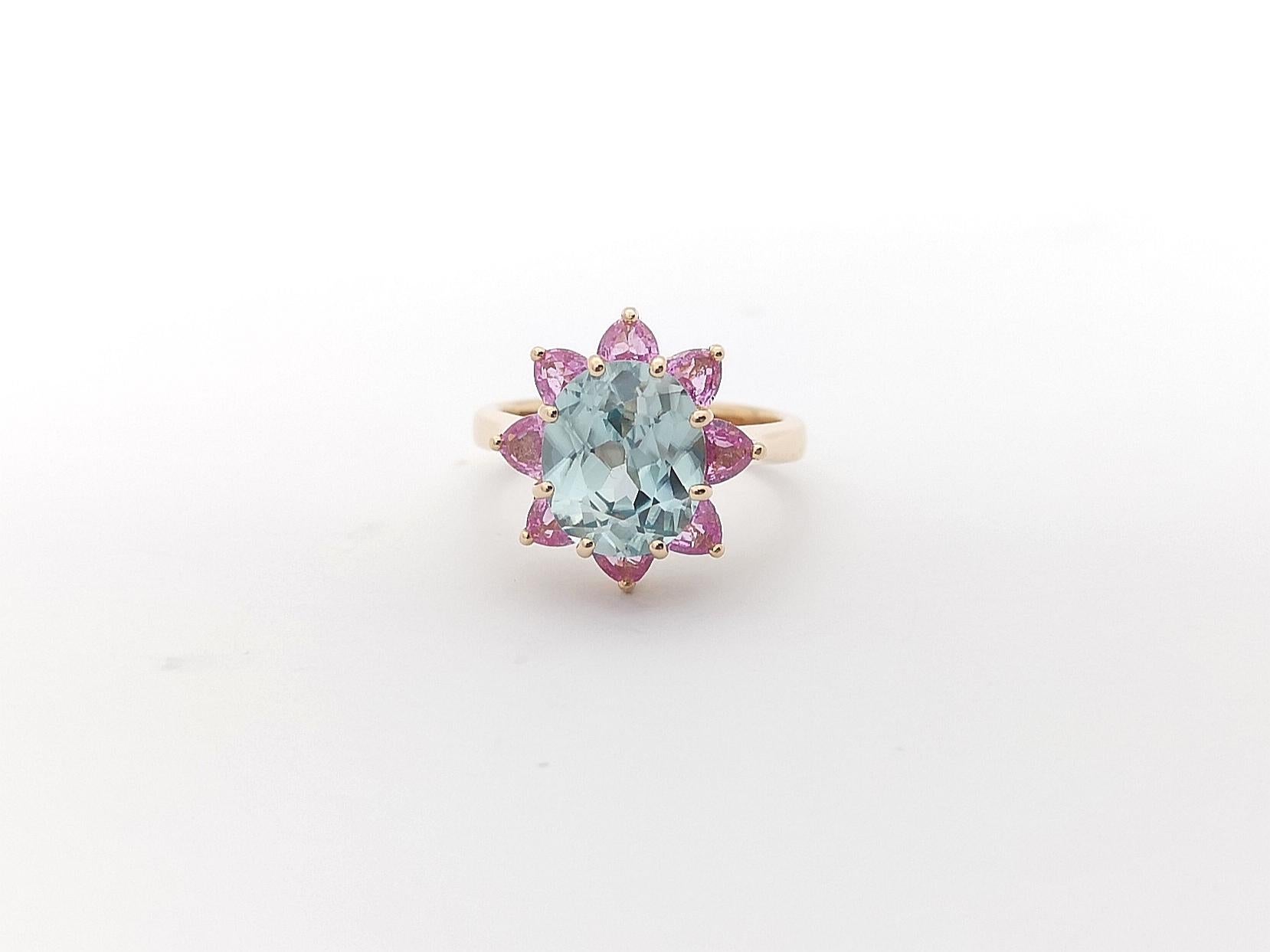 Blue Zircon with Pink Sapphire Ring Set in 18K Rose Gold Settings For Sale 2