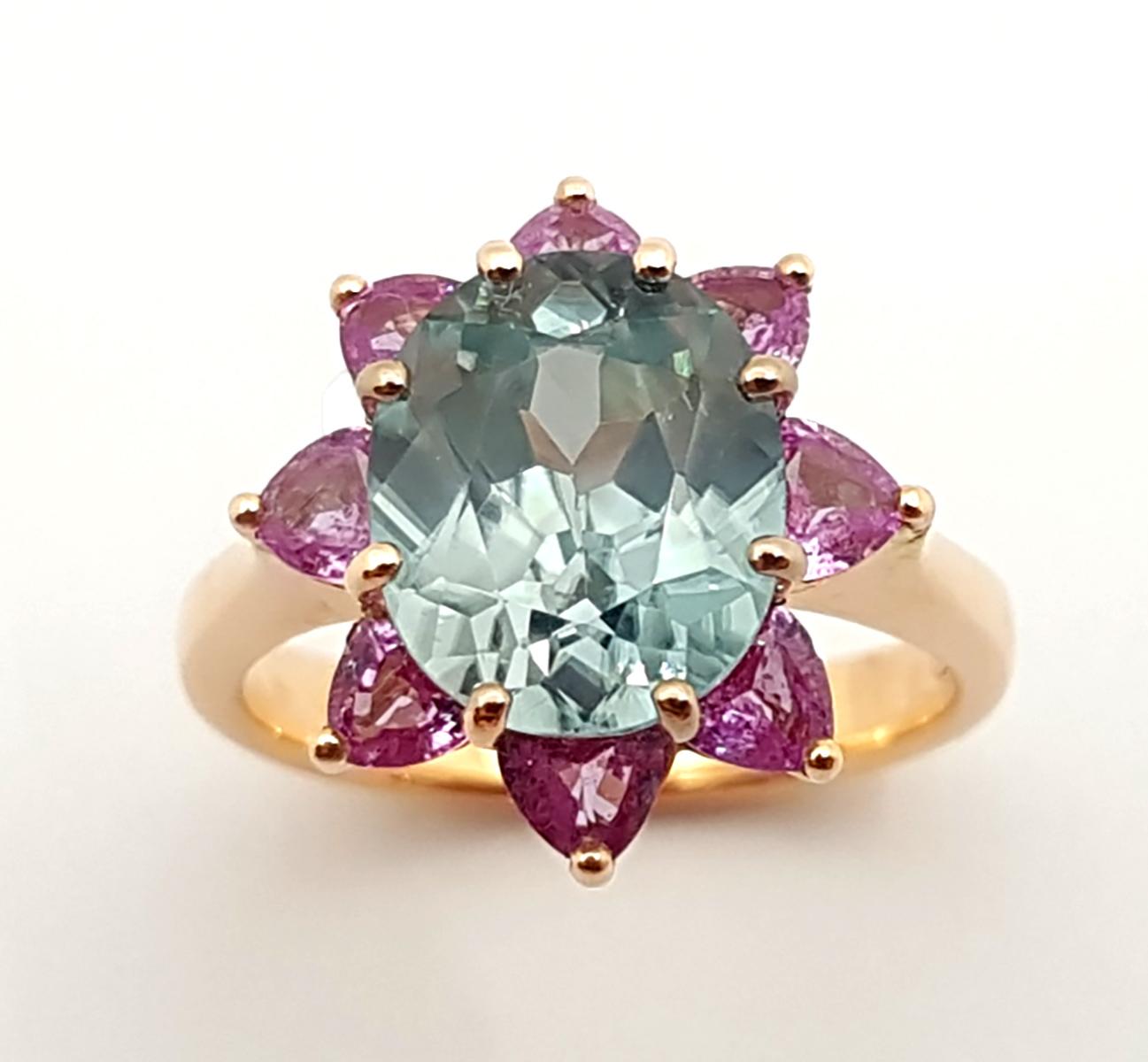 Blue Zircon with Pink Sapphire Ring Set in 18K Rose Gold Settings For Sale 3