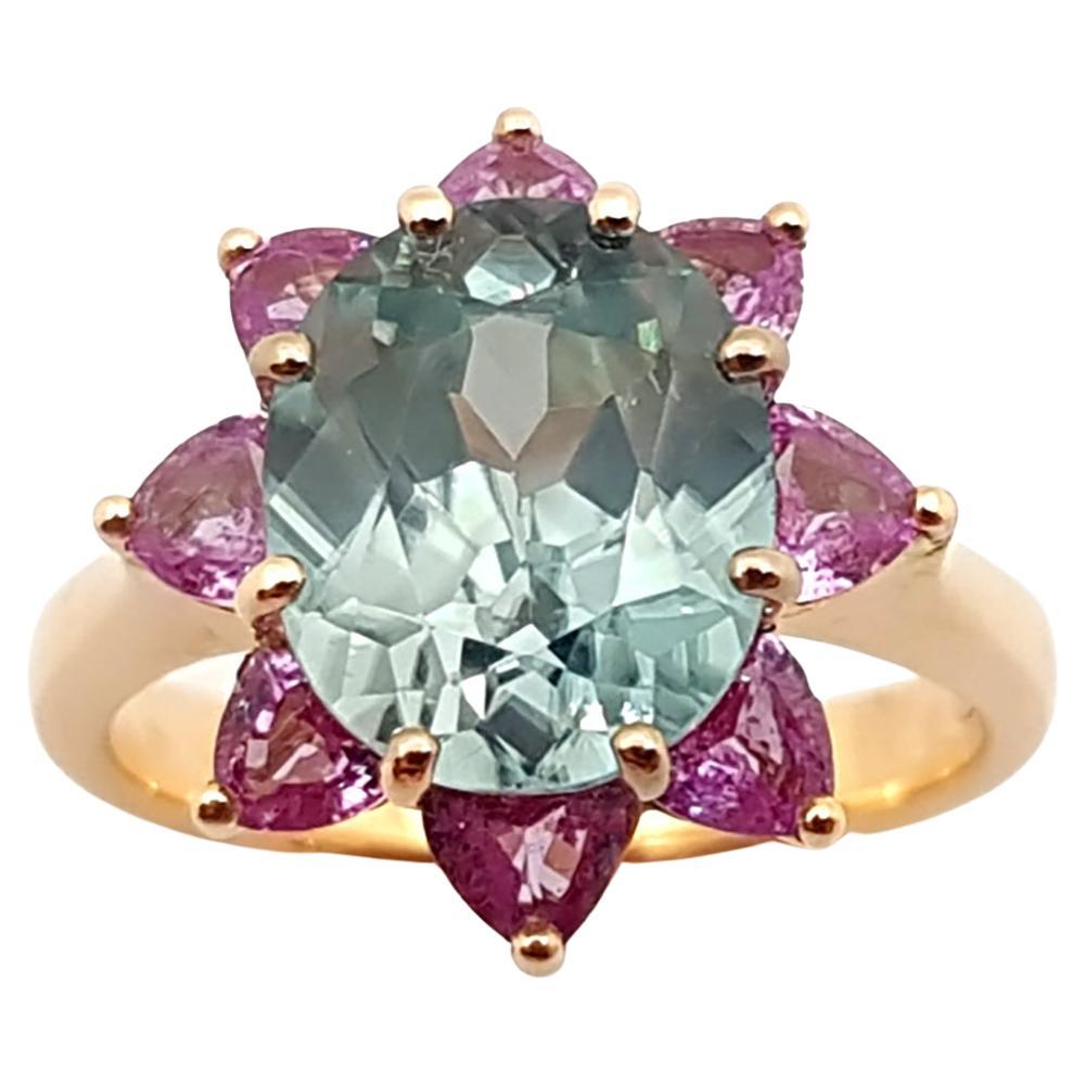 Blue Zircon with Pink Sapphire Ring Set in 18K Rose Gold Settings