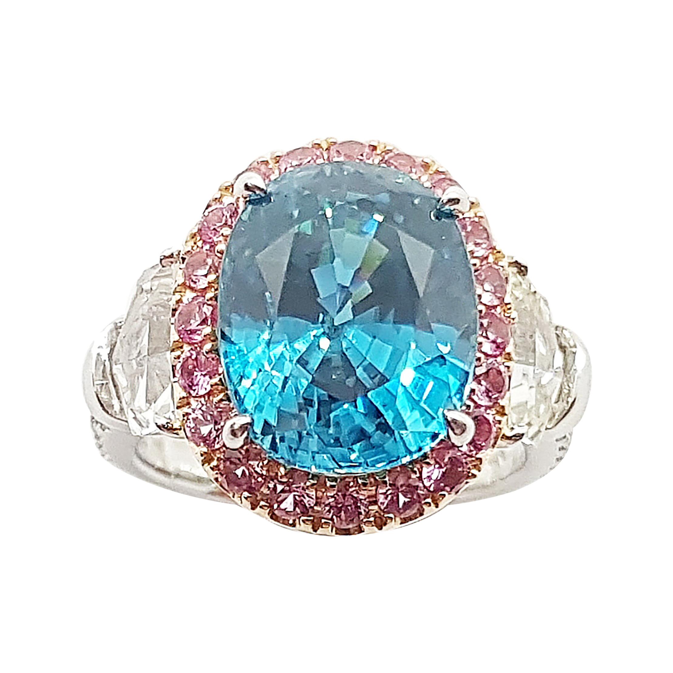 Blue Zircon with Pink Sapphire, White Sapphire Ring set in 18 Karat White Gold