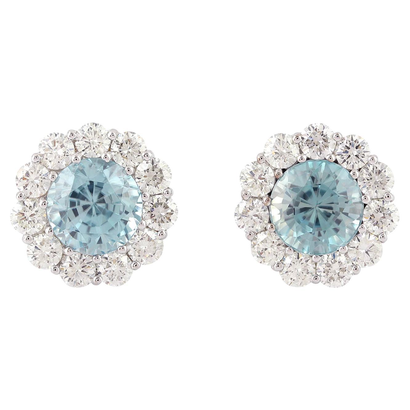 Boucles d'oreilles en or blanc 18k avec zirconium bleu et diamant en vente